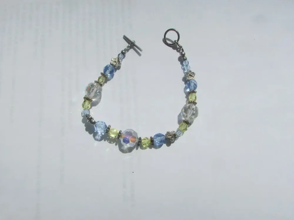 Handmade Irisdescent Blue Yellow Crystal Beaded Silver Tone Toggle Bracelet